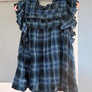 Free People Blue Plaid Ruffle Top